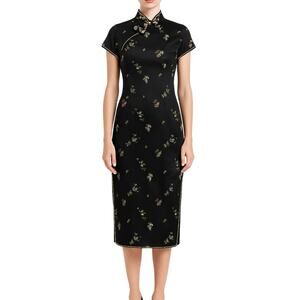 1980s Japenese Vintage Traditional Cheongsam Kimono Dress Black Floral Large
